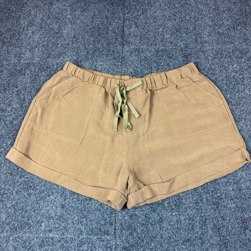 Ally Oops Tan Rayon Drawstring Elastic Waist Cuffed Casual Shorts Large G6302